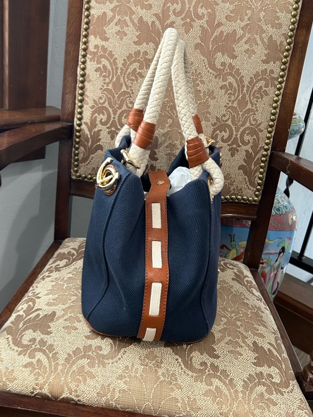 Michael Kors Marina Navy Blue Canvas Tote Bag - Picture 6 of 14